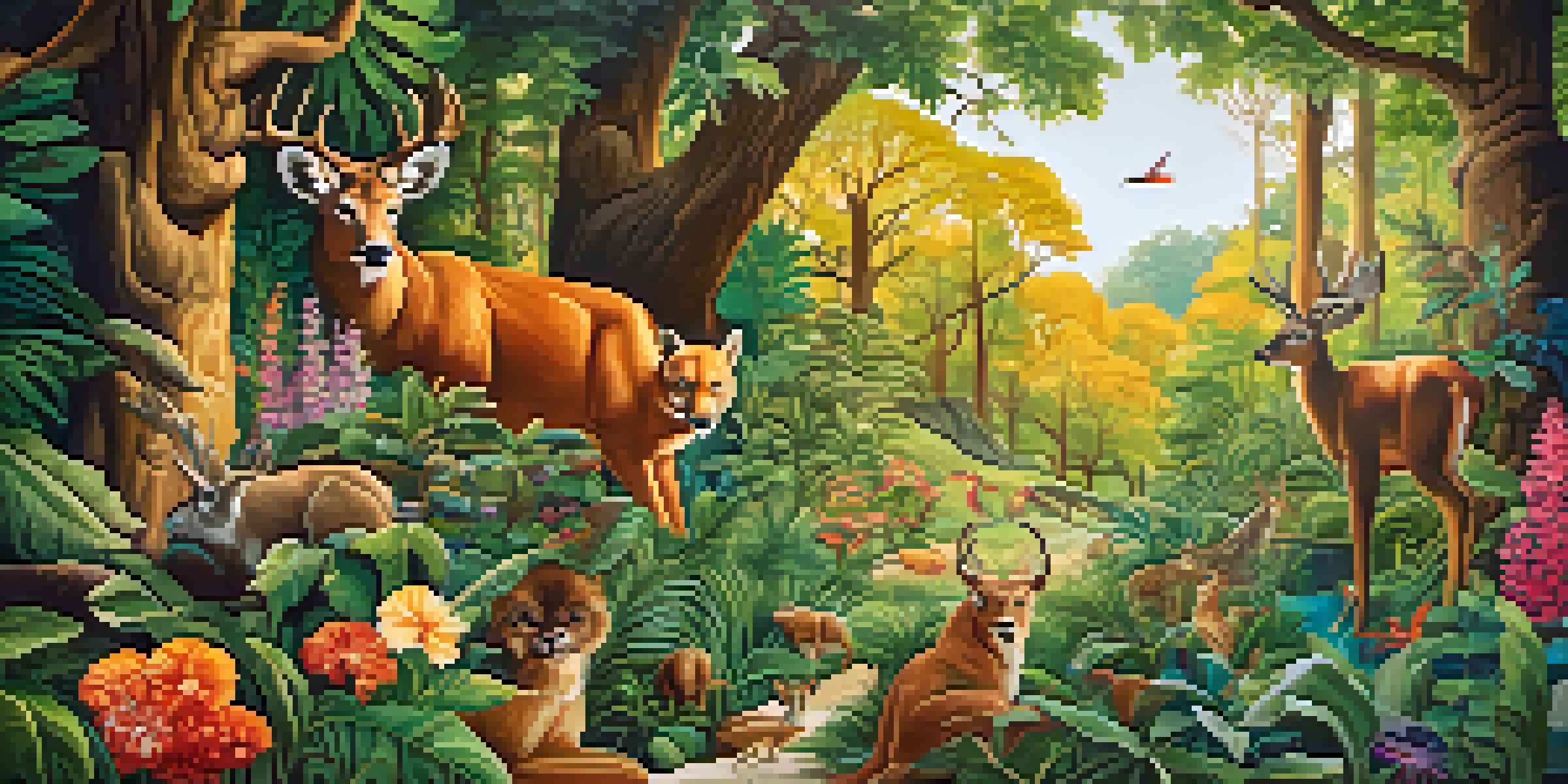 A colorful mural of a forest filled with trees, flowers, and animals, illuminated by sunlight.