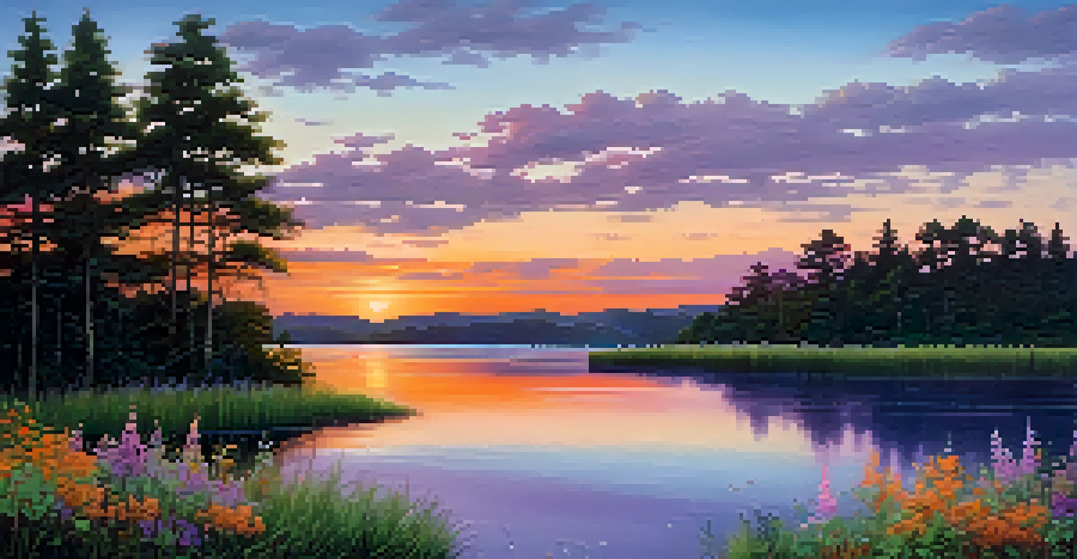 A vibrant sunset over a calm lake, with colorful reflections and lush greenery in the foreground.
