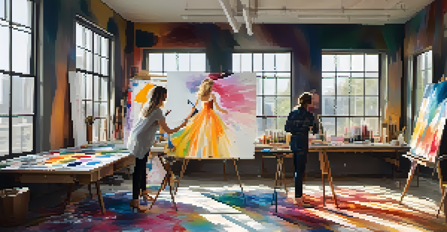 A painter and fashion designer collaborate in a colorful studio filled with art supplies and fabric, illuminated by natural light.