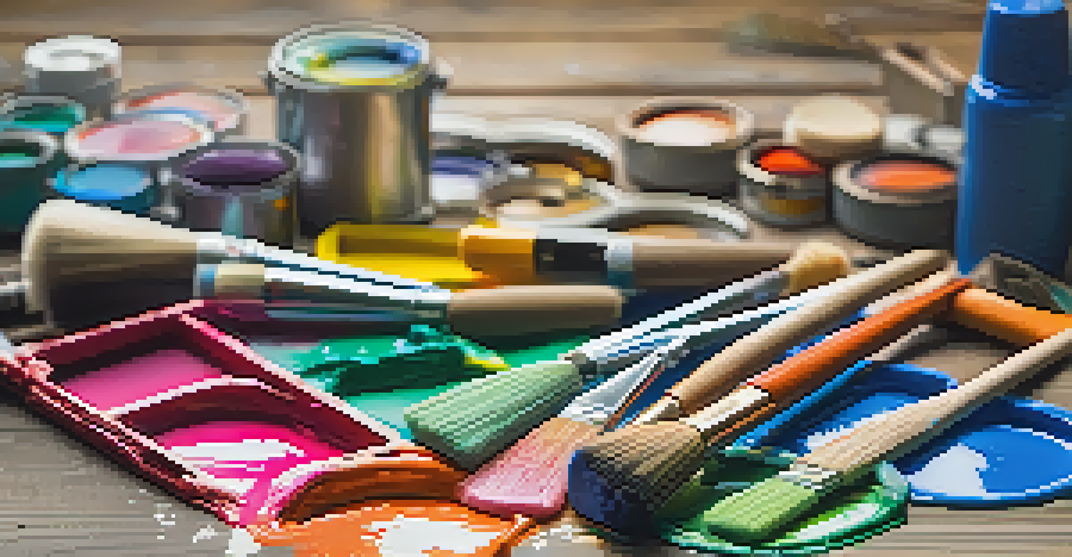 A detailed arrangement of mural painting tools including brushes, rollers, and spray paint cans on a table.