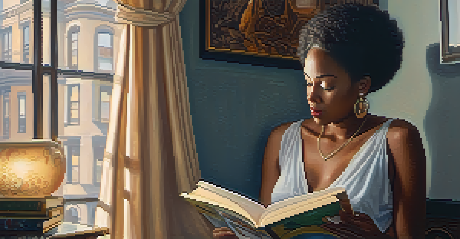 A Black woman reading a book in a cozy Harlem apartment, surrounded by artwork from the Harlem Renaissance, with soft light filtering through curtains.