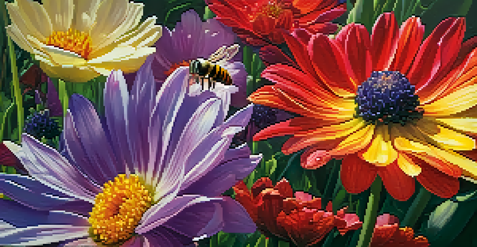 A close-up of a colorful flower garden in spring with blooming flowers and insects.