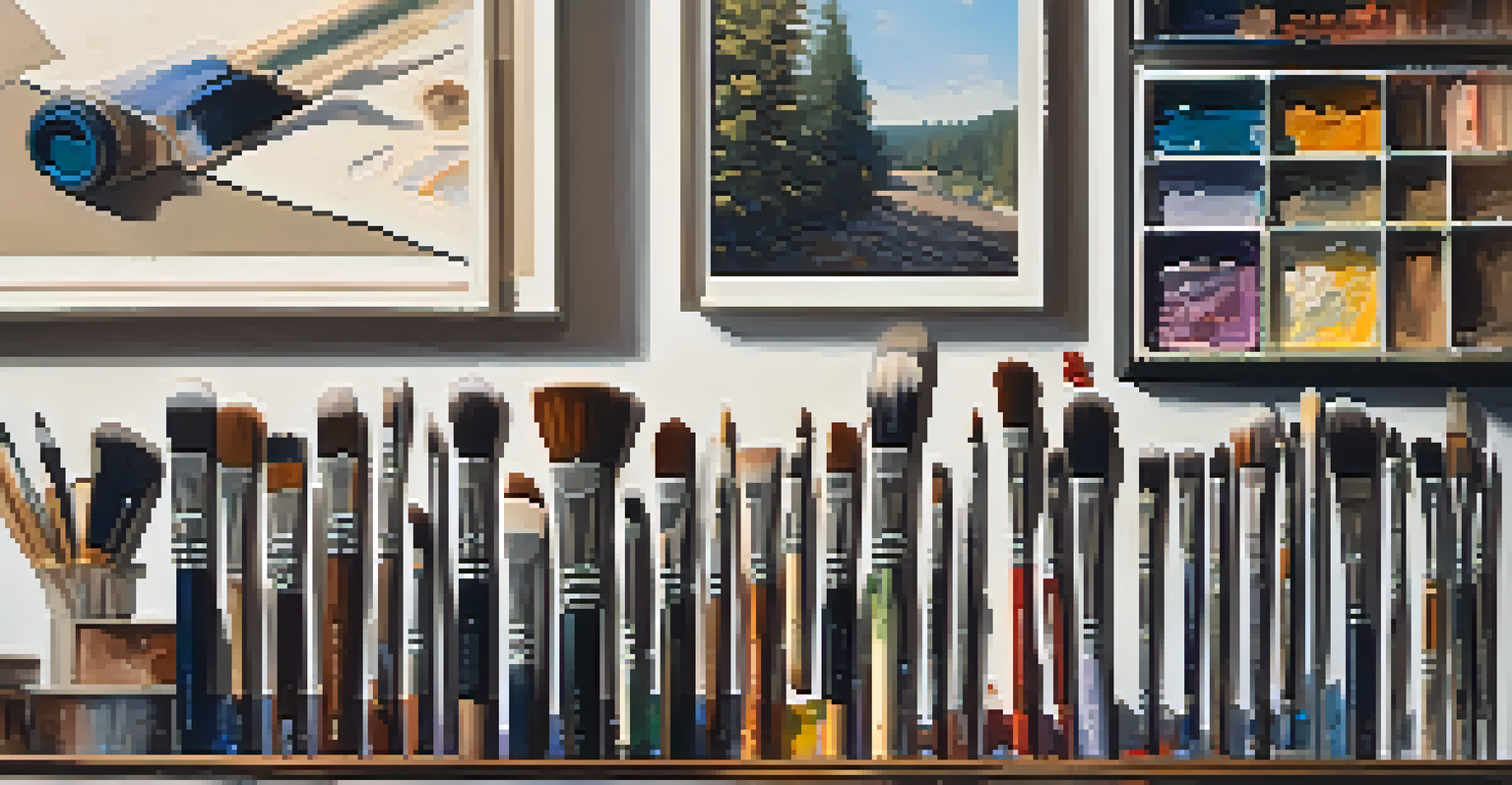 An artist's studio with brushes, paints, and a canvas displaying textured paint layers.