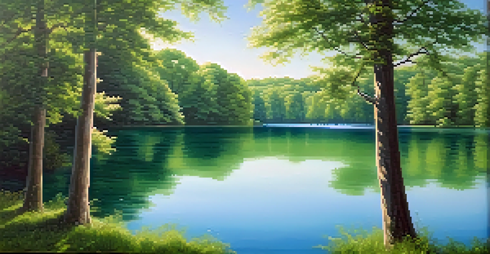 A peaceful lake scene with blue and green colors, featuring trees and a clear sky reflecting on the water.