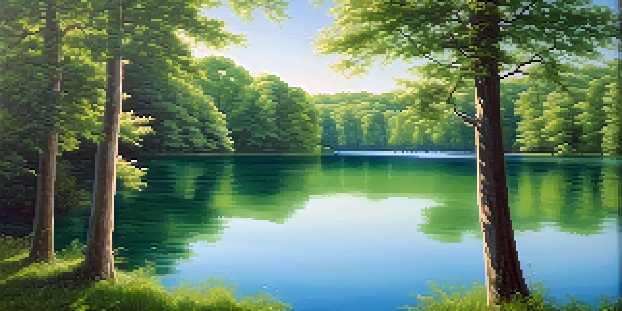 A peaceful lake scene with blue and green colors, featuring trees and a clear sky reflecting on the water.