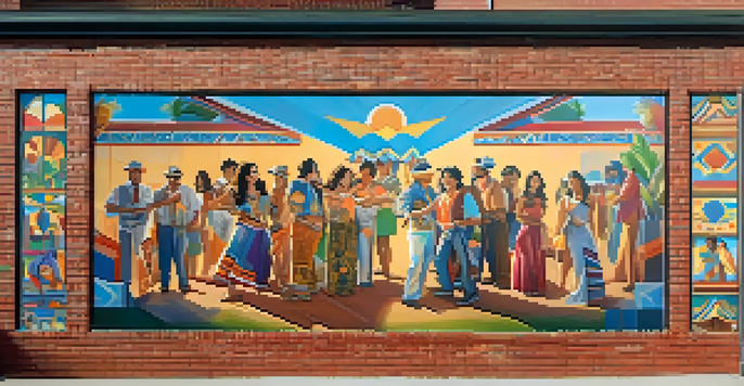 A colorful mural on a brick wall illustrating Latino heritage with cultural symbols and characters, illuminated by soft afternoon sunlight.