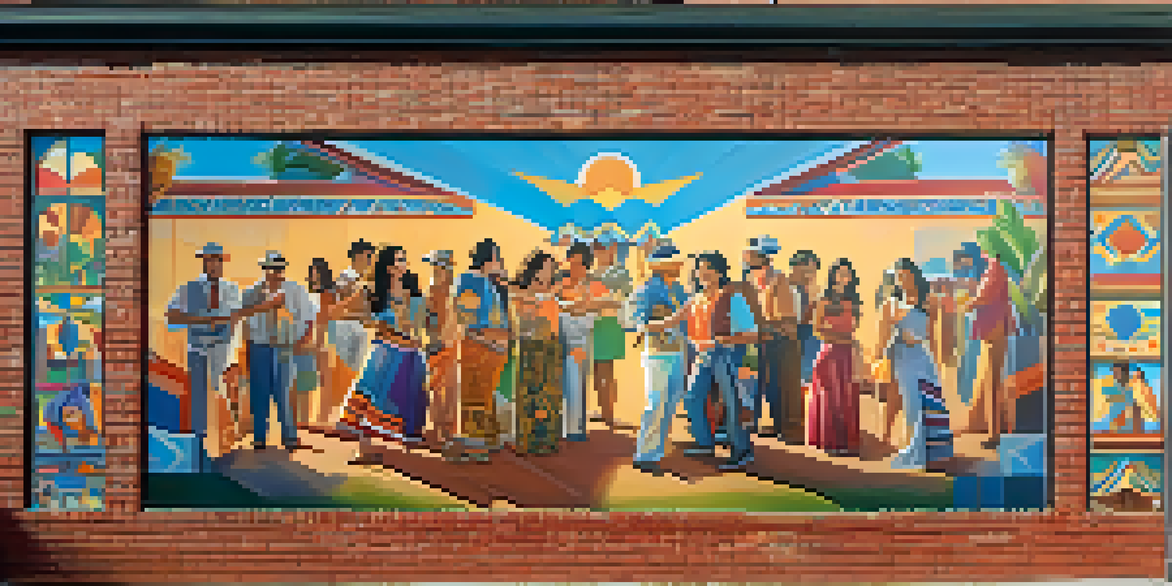 A colorful mural on a brick wall illustrating Latino heritage with cultural symbols and characters, illuminated by soft afternoon sunlight.