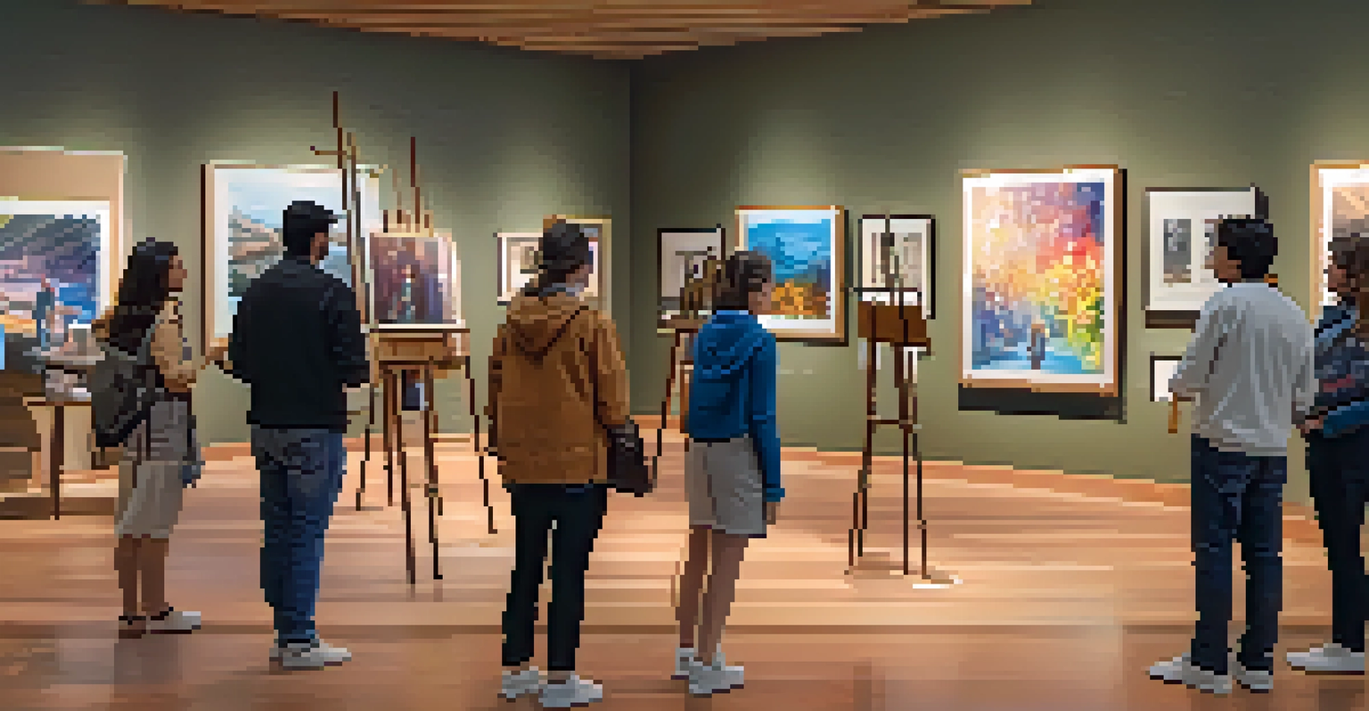 An art exhibition featuring students' artwork displayed on easels, with family members appreciating the creations.
