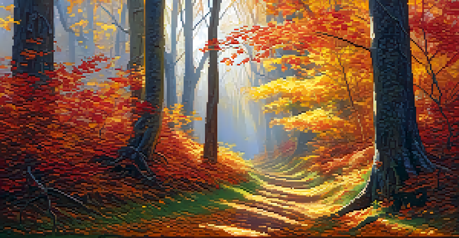 An autumn forest path covered in colorful leaves, illuminated by soft sunlight filtering through the trees.
