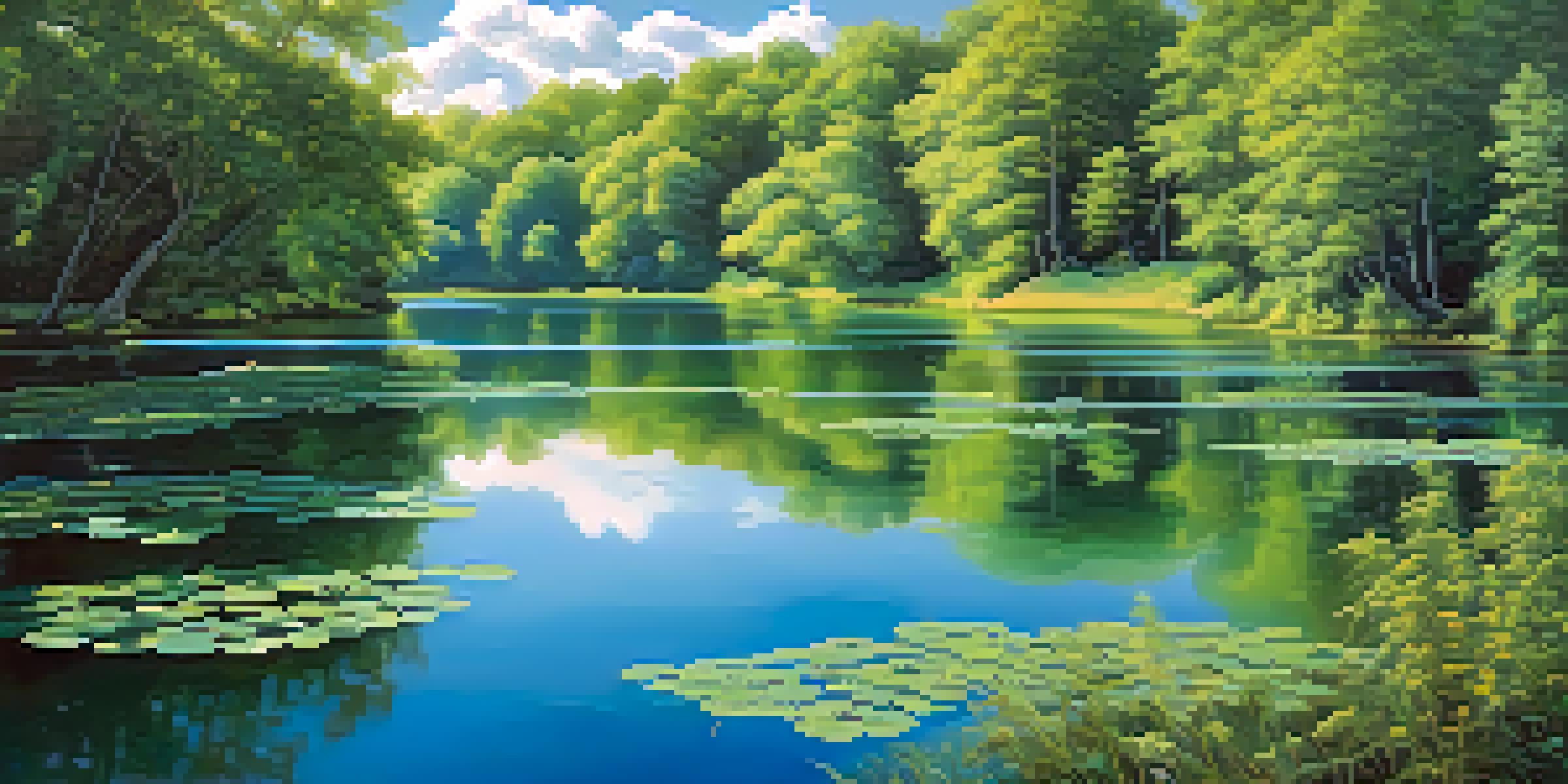 A peaceful landscape with a calm lake, surrounded by green trees and blue skies, reflecting soft sunlight.