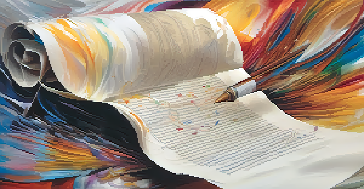An abstract image of a quill writing on parchment, surrounded by swirling colors and symbols of creativity.