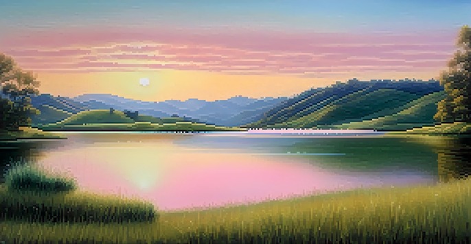 A calm landscape with a reflective lake and rolling hills in pastel colors at sunset.