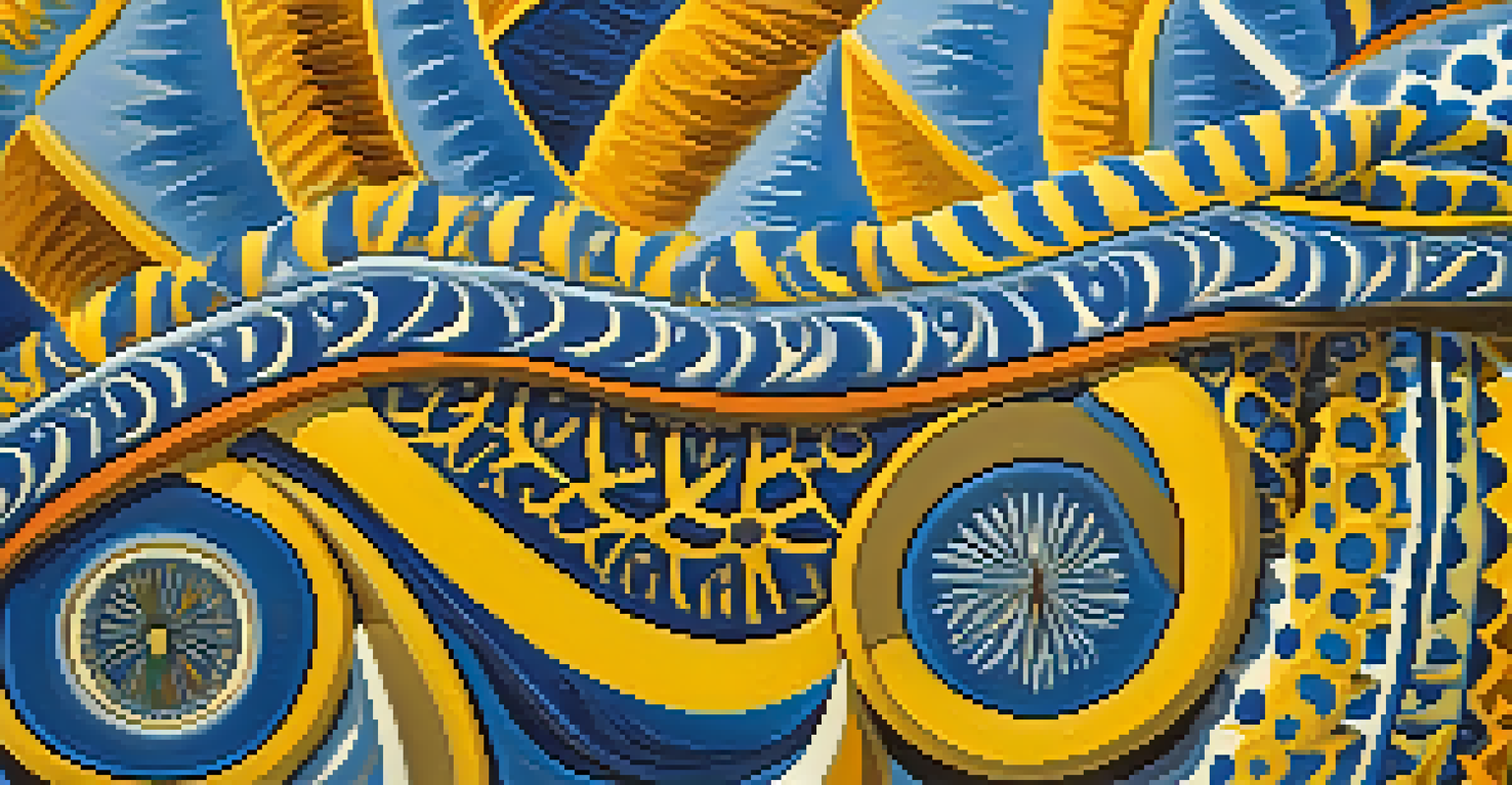 A detailed close-up of an Indigenous painting with zigzag and circular patterns, representing water and unity.