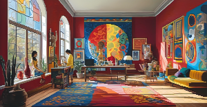 A modern artist in a brightly lit studio, surrounded by colorful artworks that blend traditional and contemporary styles.