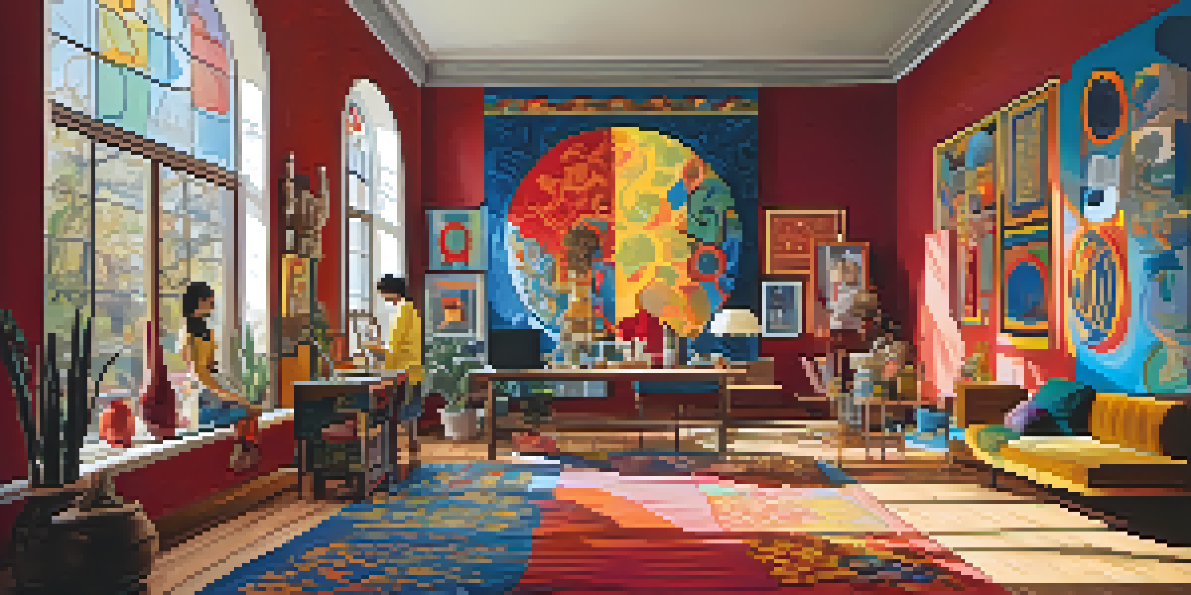 A modern artist in a brightly lit studio, surrounded by colorful artworks that blend traditional and contemporary styles.