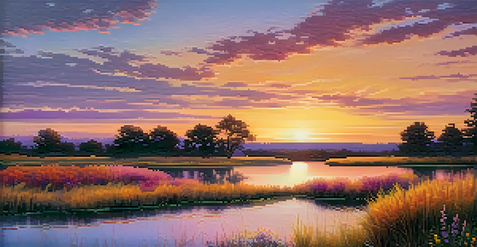 A tranquil lake at sunset with vibrant colors reflecting on the water, surrounded by wildflowers and grass.