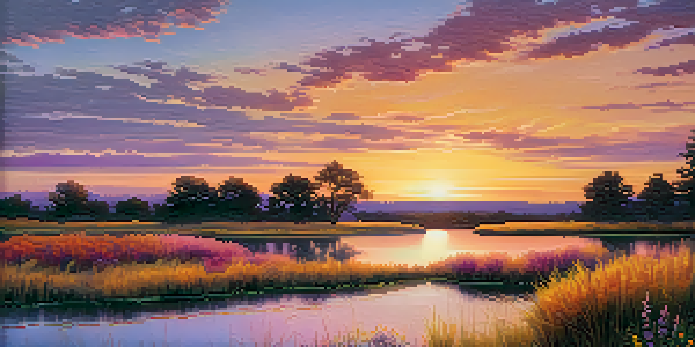 A tranquil lake at sunset with vibrant colors reflecting on the water, surrounded by wildflowers and grass.