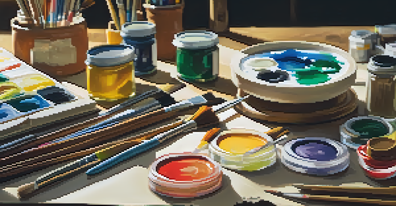 A still life arrangement of various art supplies including paintbrushes and colorful paints, illuminated by soft lighting.