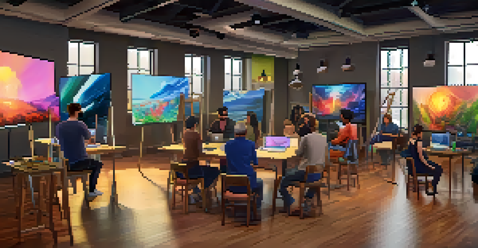 A virtual art community space where artists collaborate and share techniques, surrounded by colorful digital artworks in a warm atmosphere.