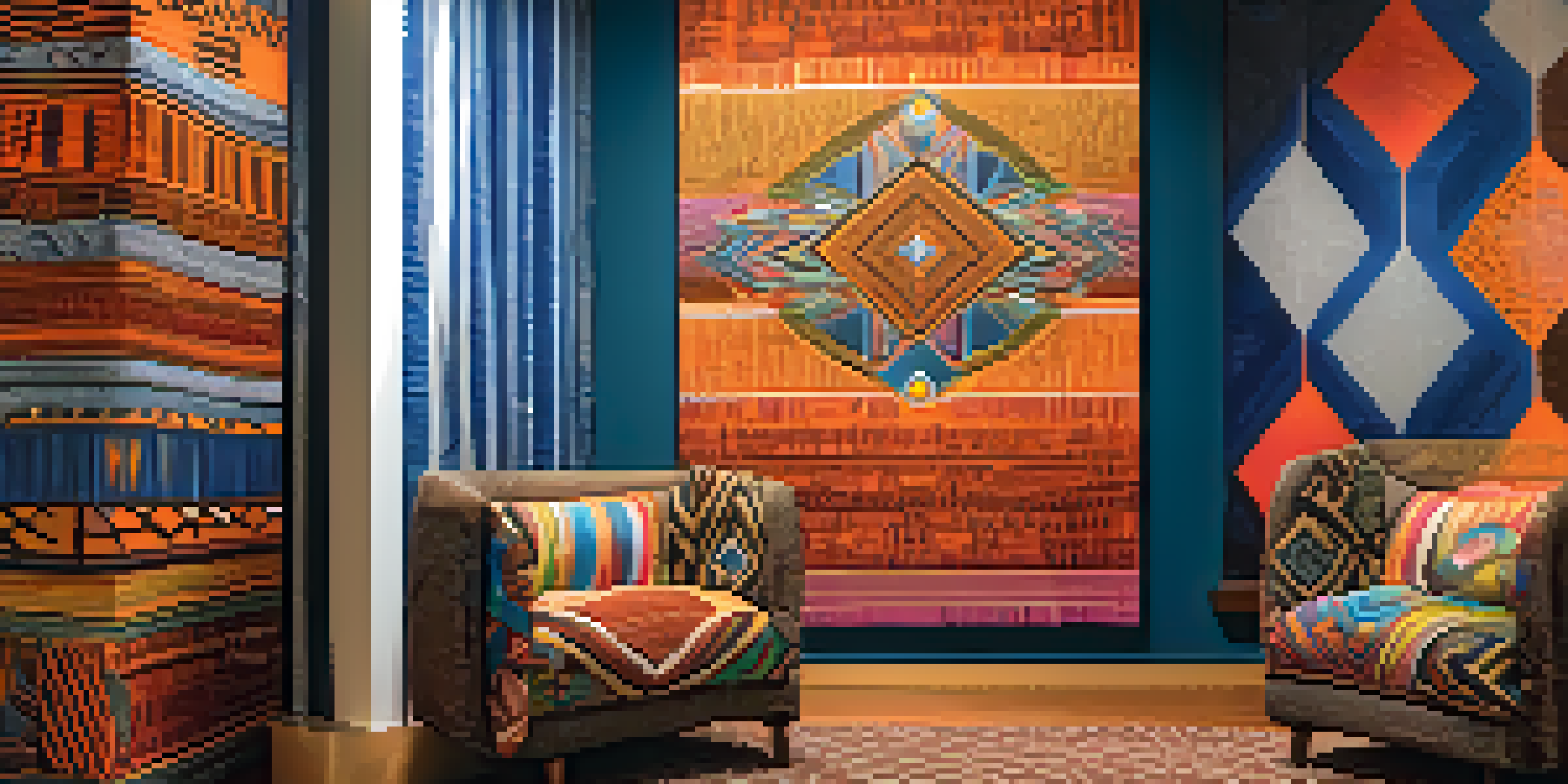 A colorful art installation blending traditional African fabrics with modern digital art, illuminated by soft ambient lighting.