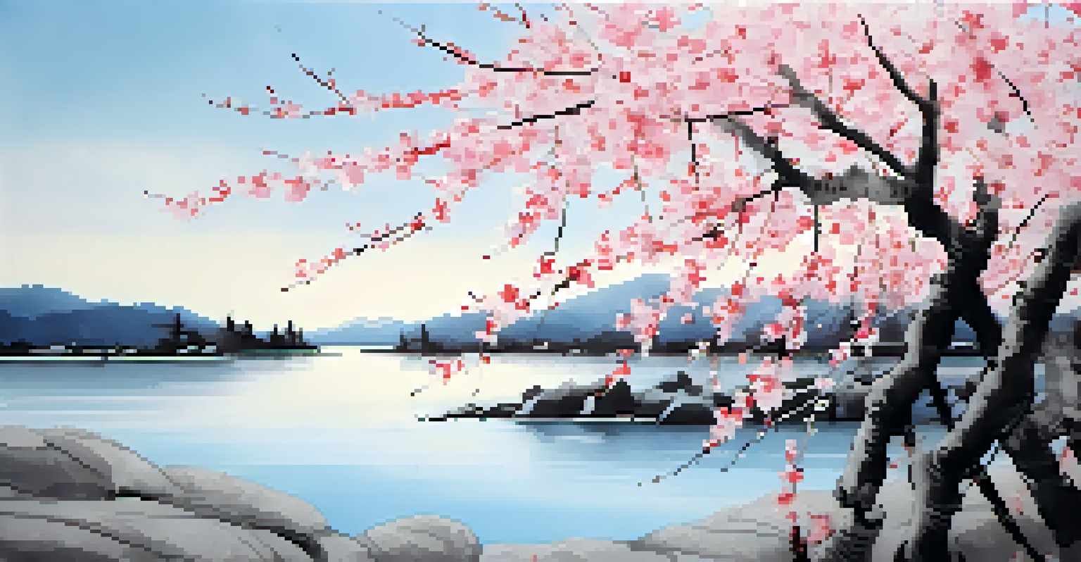 Sumi-e painting of cherry blossoms with pink flowers and black ink strokes against a pale blue background.