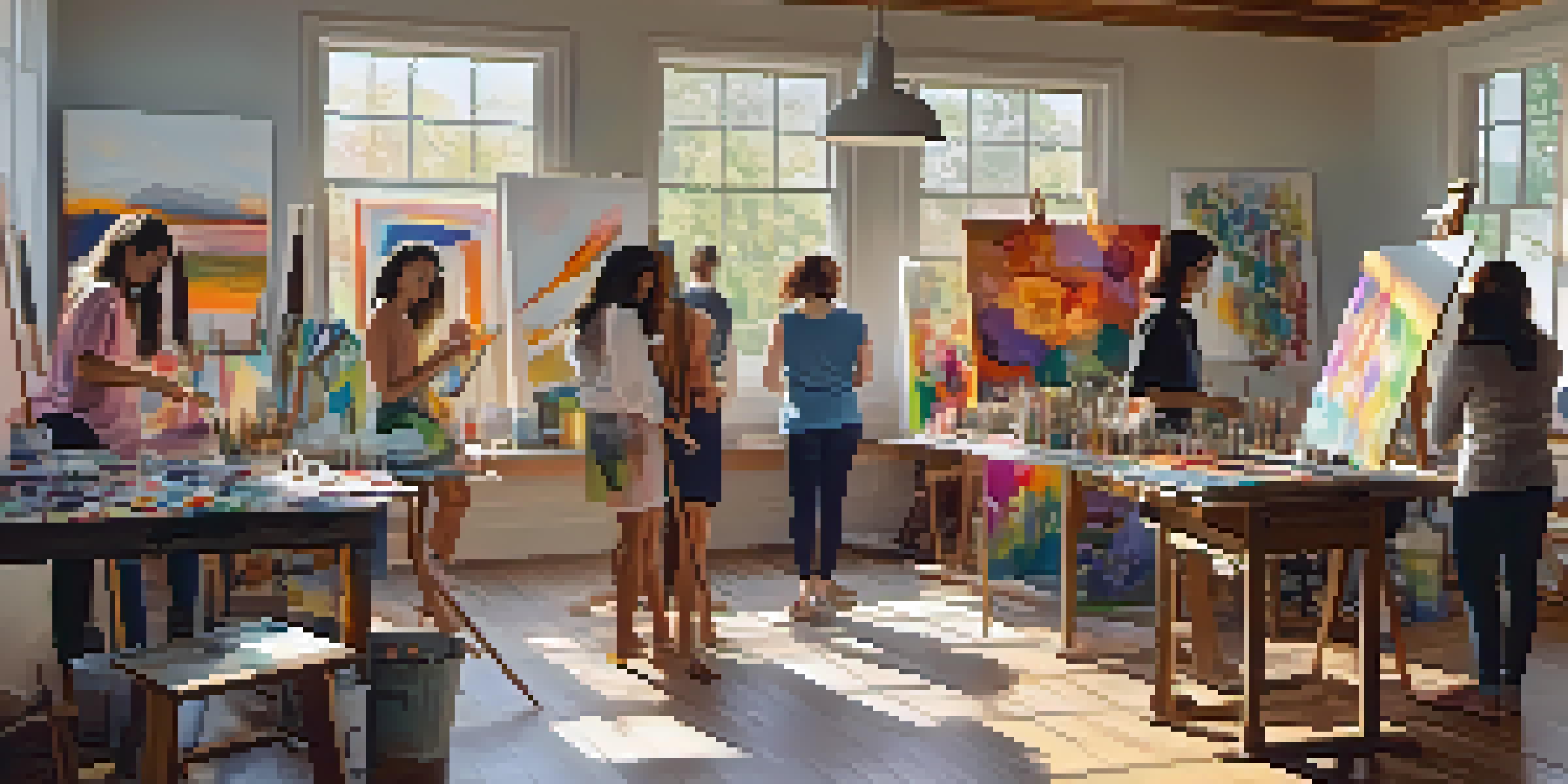 A lively art studio where diverse women artists are creating their artwork, surrounded by colorful paintings and bright natural light.