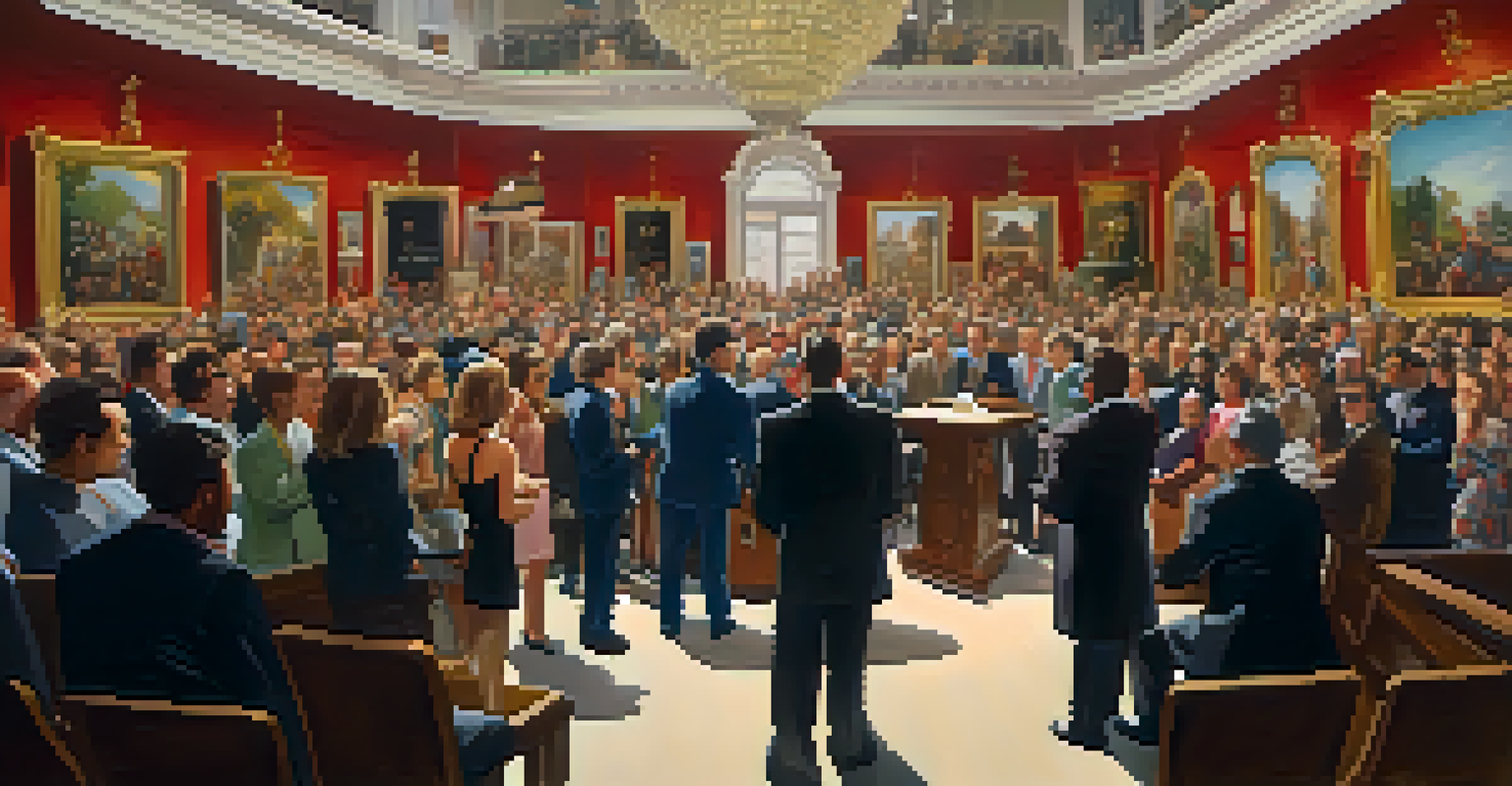 A lively art auction with bidders raising paddles, surrounded by beautiful paintings and a bright chandelier.