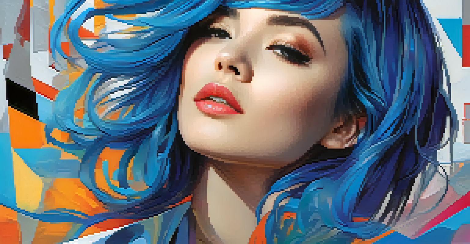 A vibrant digital portrait of a young woman with blue hair against an abstract colorful background.