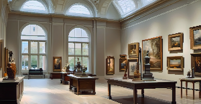A bright art gallery filled with various paintings, illuminated by natural light, with visitors observing the artworks.