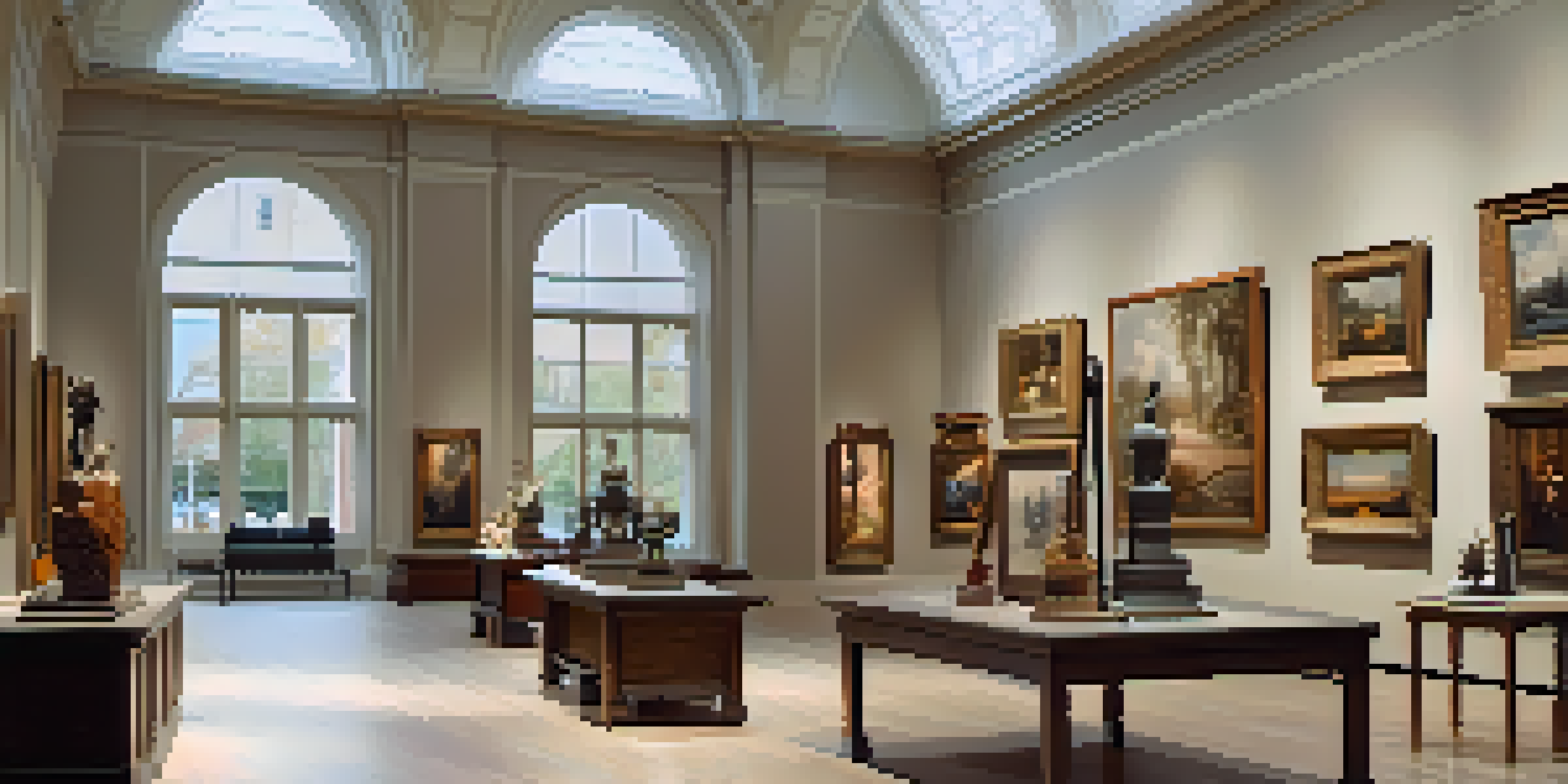 A bright art gallery filled with various paintings, illuminated by natural light, with visitors observing the artworks.