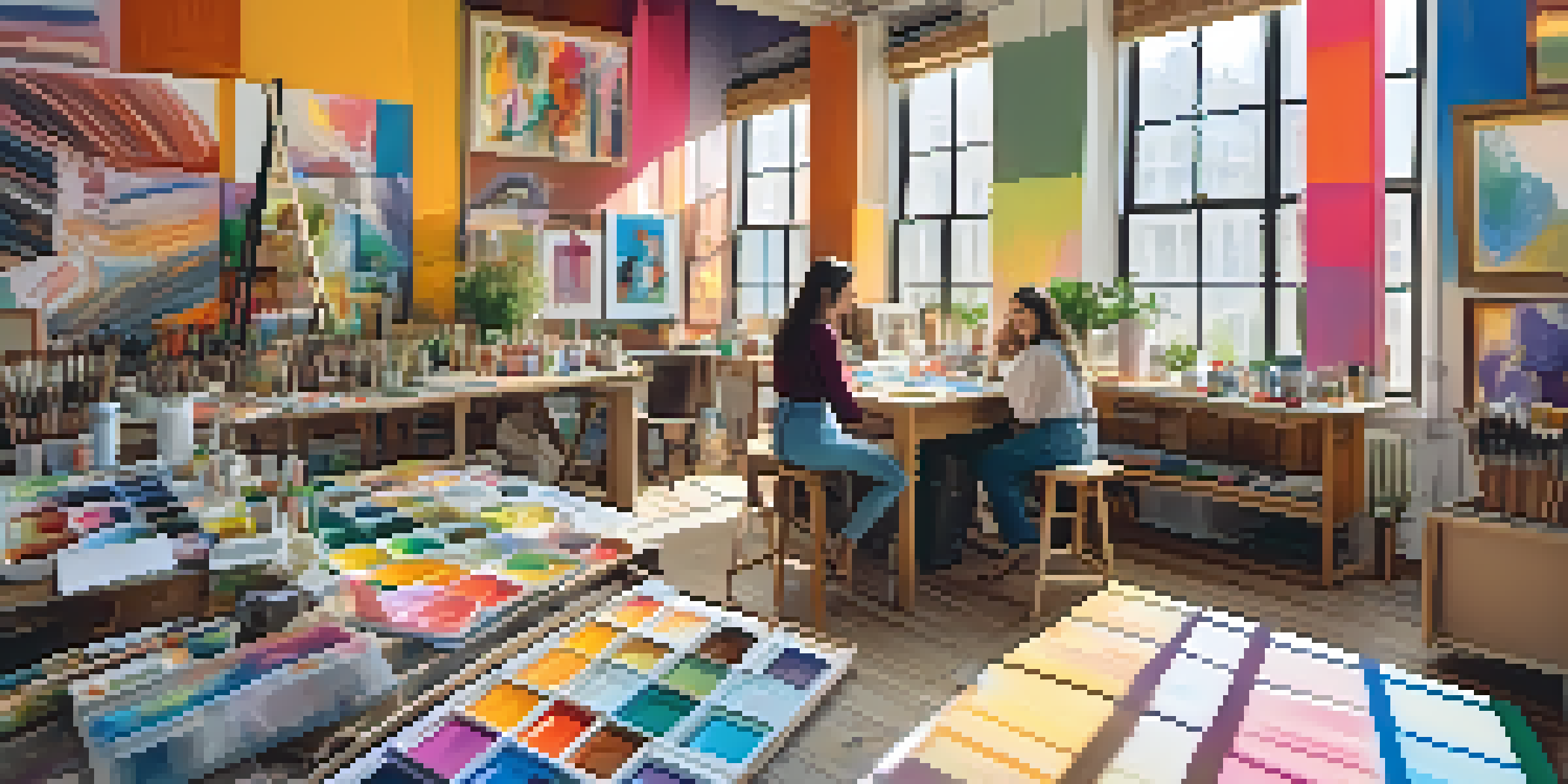 A bright art studio with female artists collaborating on colorful paintings, natural light shining through the window.
