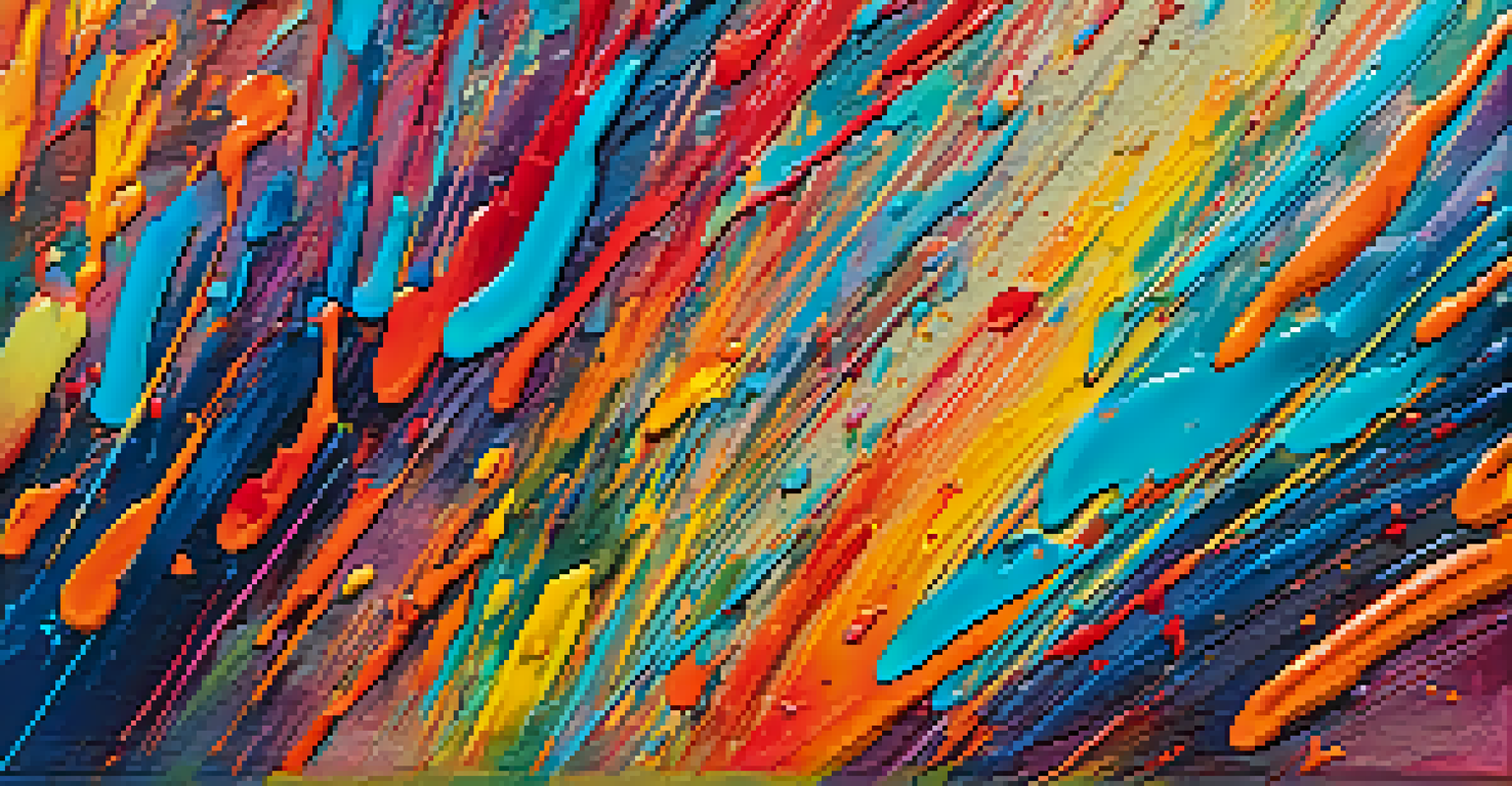A close-up of a colorful canvas with expressive brush strokes, showcasing vibrant colors and dynamic textures.