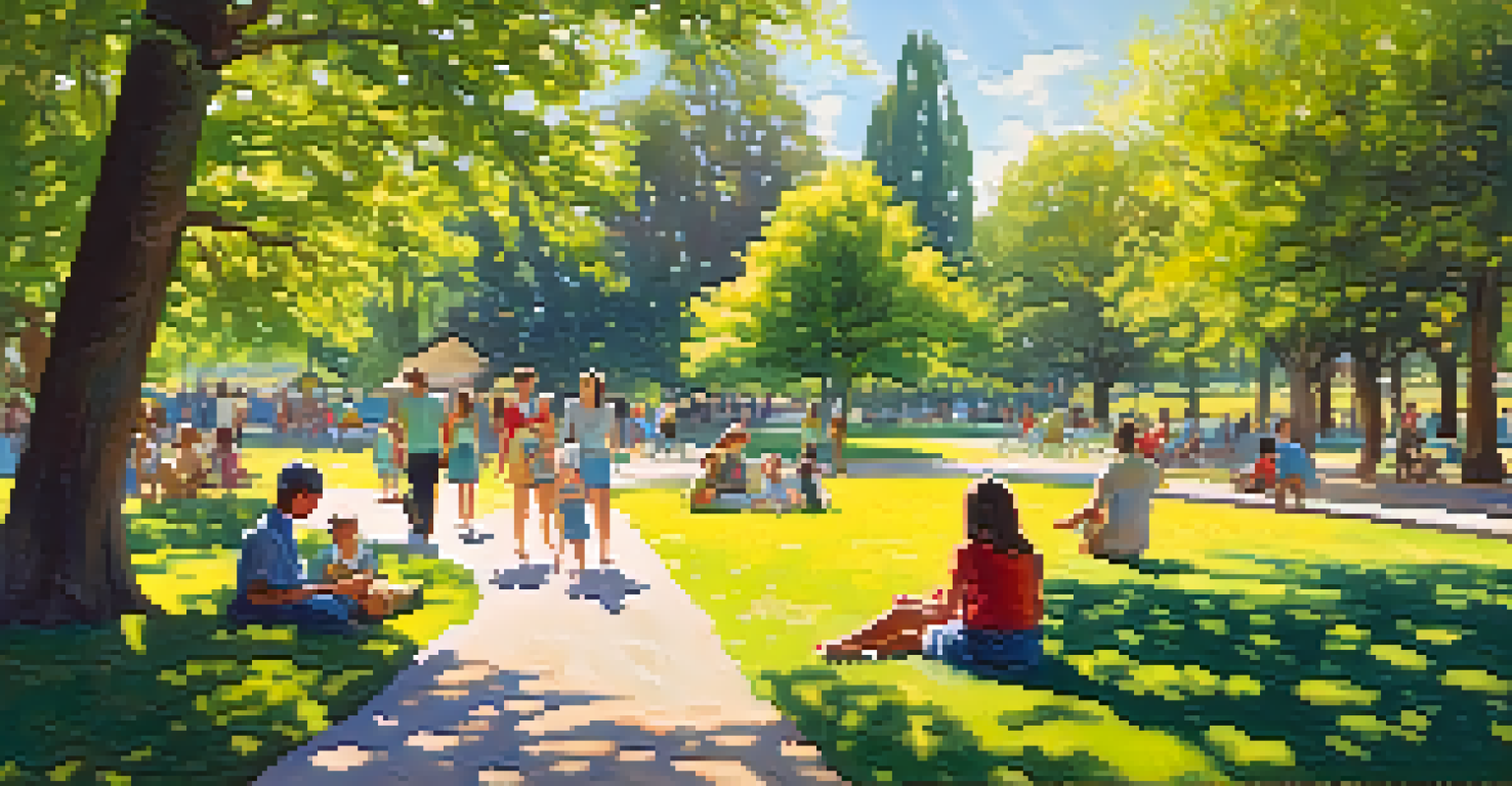 A lively park scene with people enjoying a sunny day, picnicking and playing in the grass.