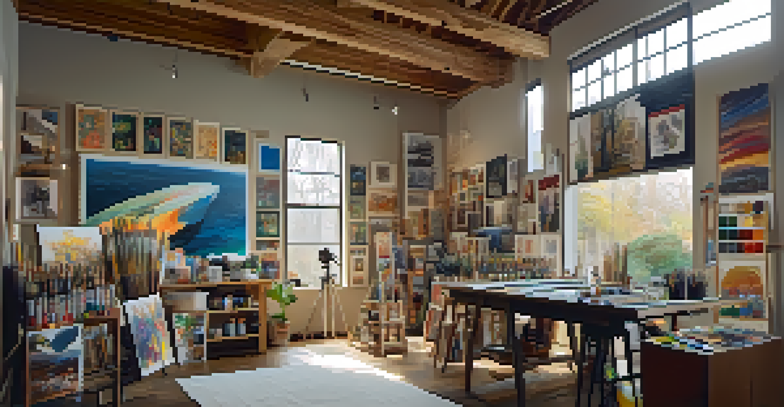 A collaborative artist's studio with diverse artists working on a mural, surrounded by art supplies and large windows letting in natural light.