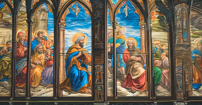 A detailed fresco painting on a church wall with vibrant colors and intricate figures, illuminated by sunlight from stained glass windows.