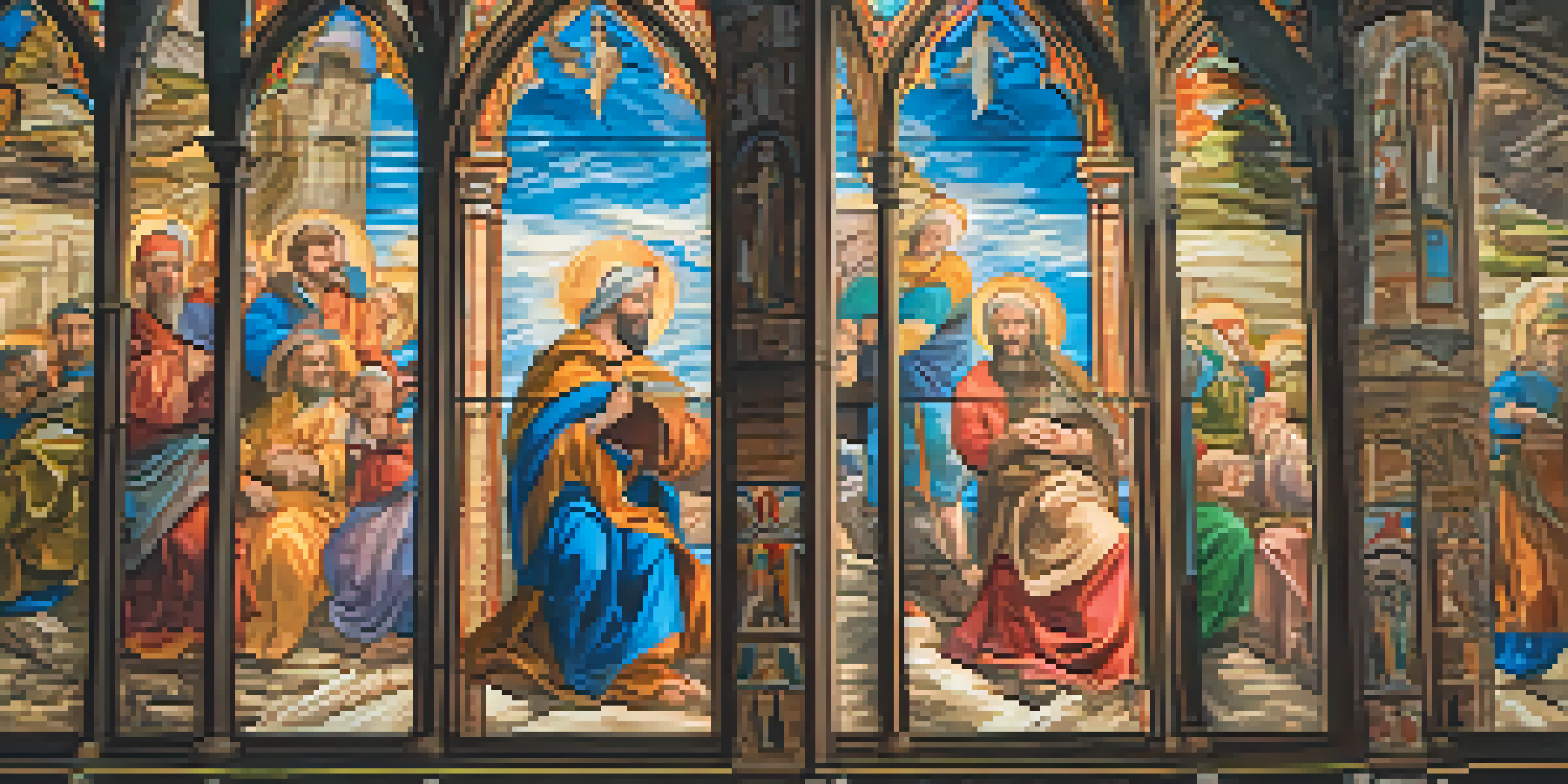 A detailed fresco painting on a church wall with vibrant colors and intricate figures, illuminated by sunlight from stained glass windows.