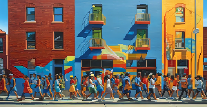 A colorful mural on a brick wall highlighting social justice themes, with diverse figures in an urban street scene.