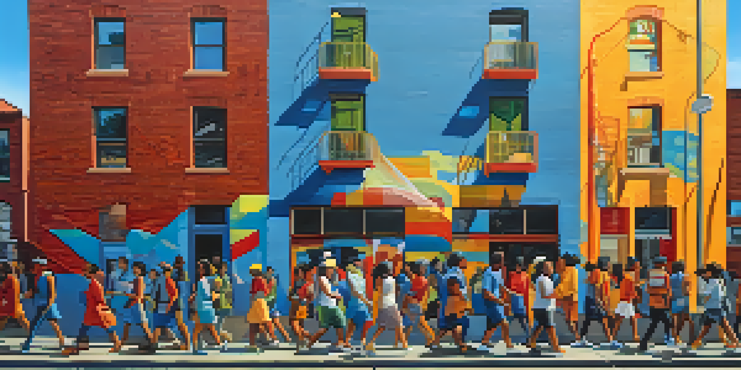 A colorful mural on a brick wall highlighting social justice themes, with diverse figures in an urban street scene.