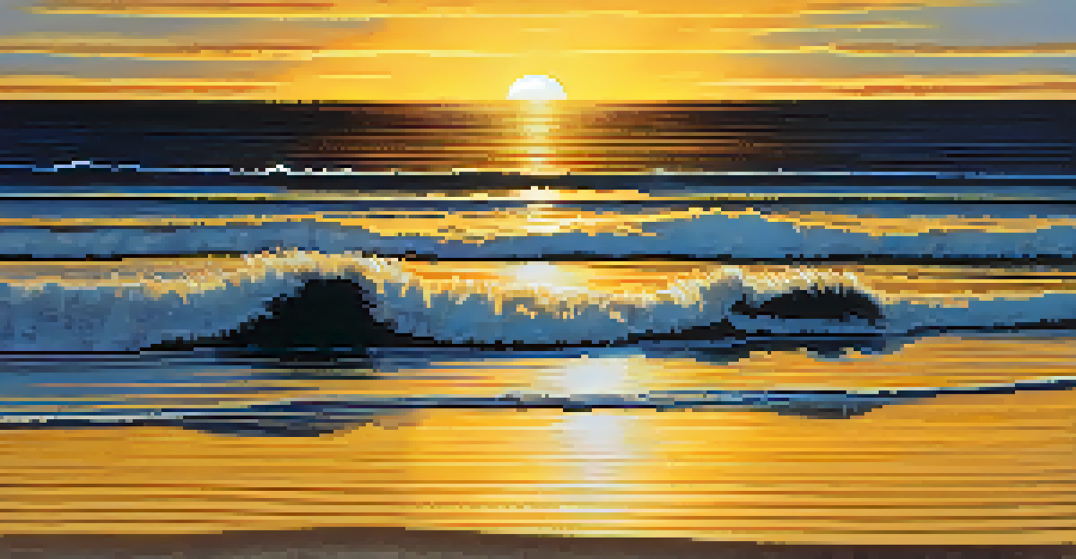 A sunset with a bright yellow sun over a blue ocean, reflecting golden light, framed by silhouetted palm trees.