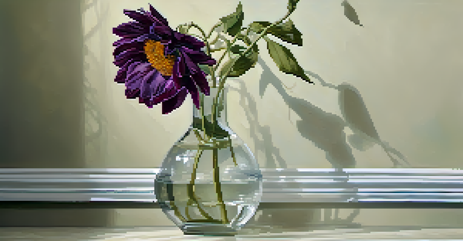 A still life of a wilting flower in a glass vase with soft lighting, representing beauty and transience.