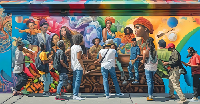 A colorful mural created by a diverse group of artists, highlighting cultural collaboration with various designs.