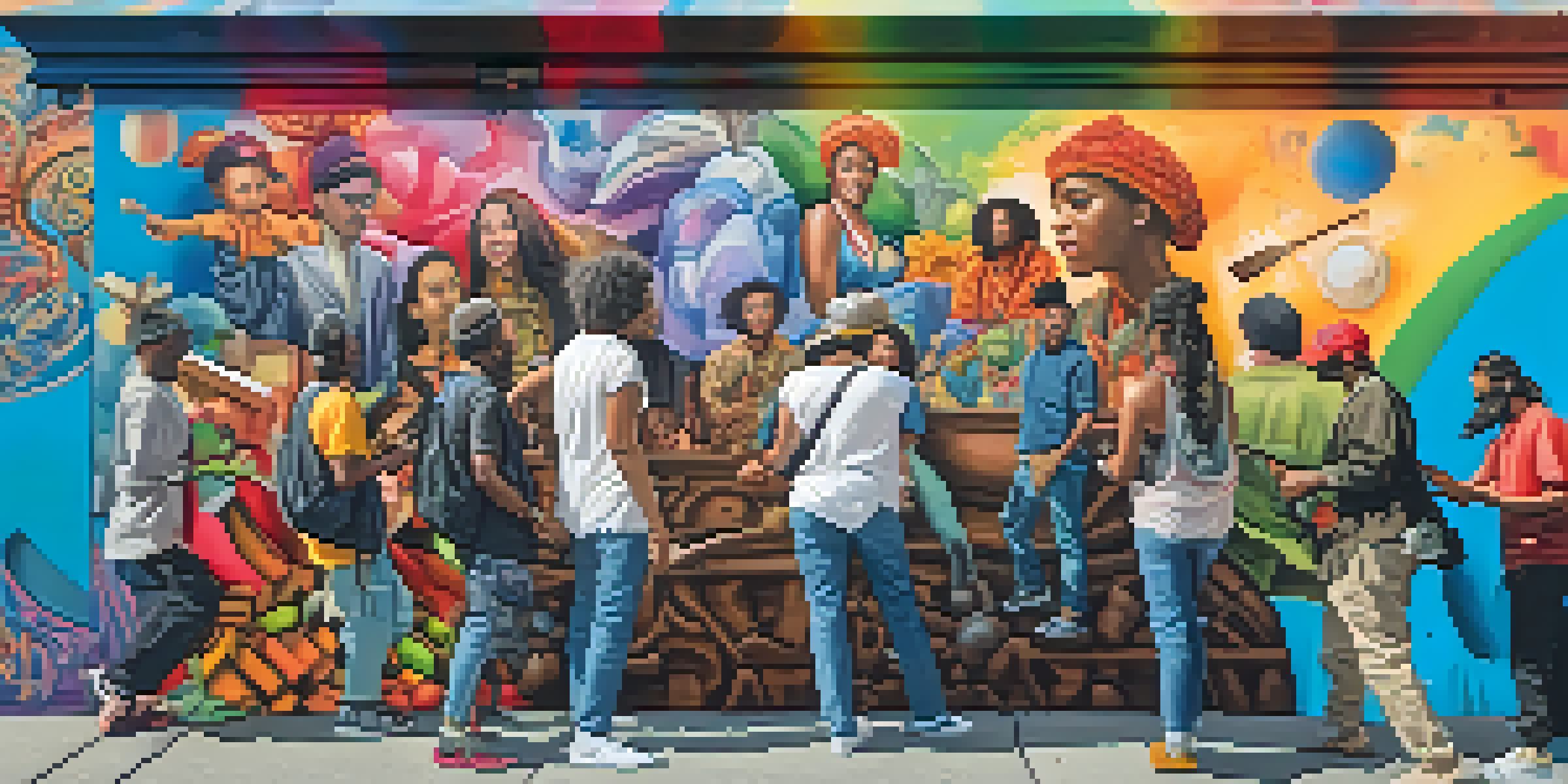 A colorful mural created by a diverse group of artists, highlighting cultural collaboration with various designs.