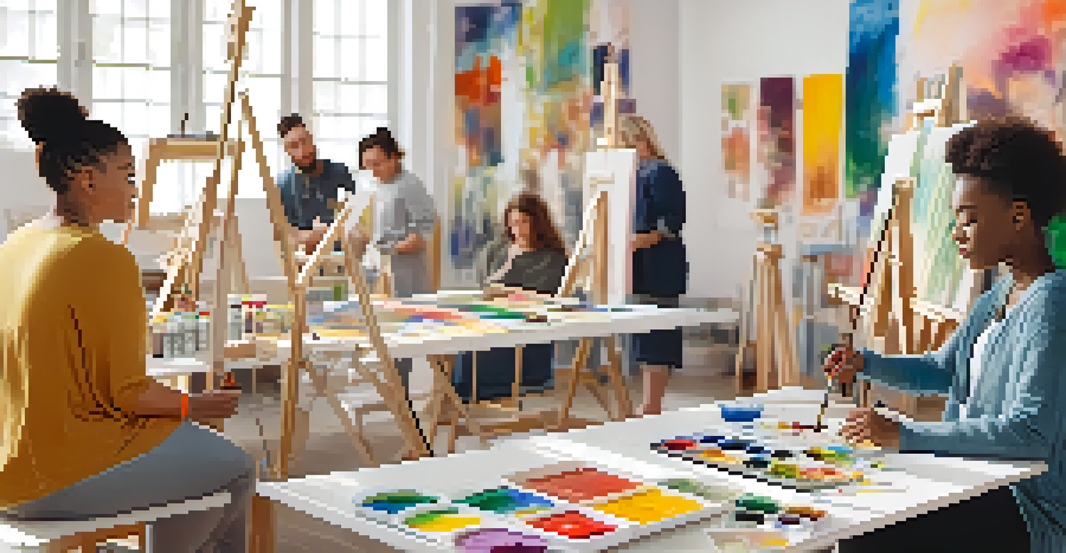 A group of individuals engaged in an art therapy session, painting on canvases in a brightly lit room with colorful artwork on the walls.