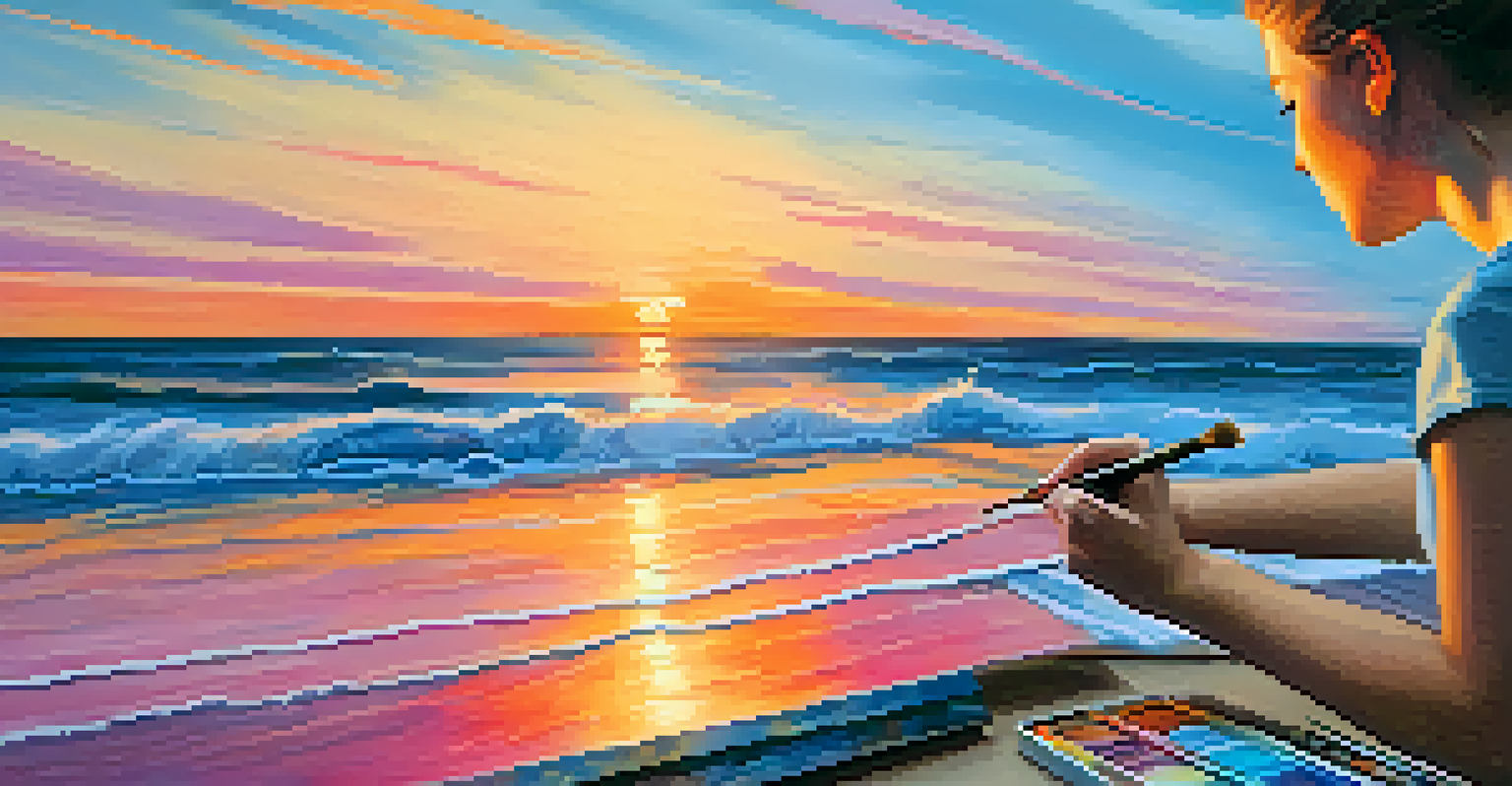 A close-up of a colorful canvas showing a sunset over the ocean, with a teen artist in the background.