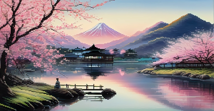 A tranquil Japanese landscape with cherry blossom trees and distant mountains at sunrise, illustrated in soft brush strokes.