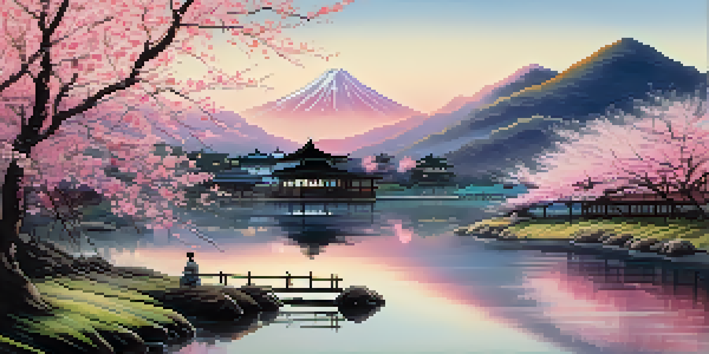 A tranquil Japanese landscape with cherry blossom trees and distant mountains at sunrise, illustrated in soft brush strokes.