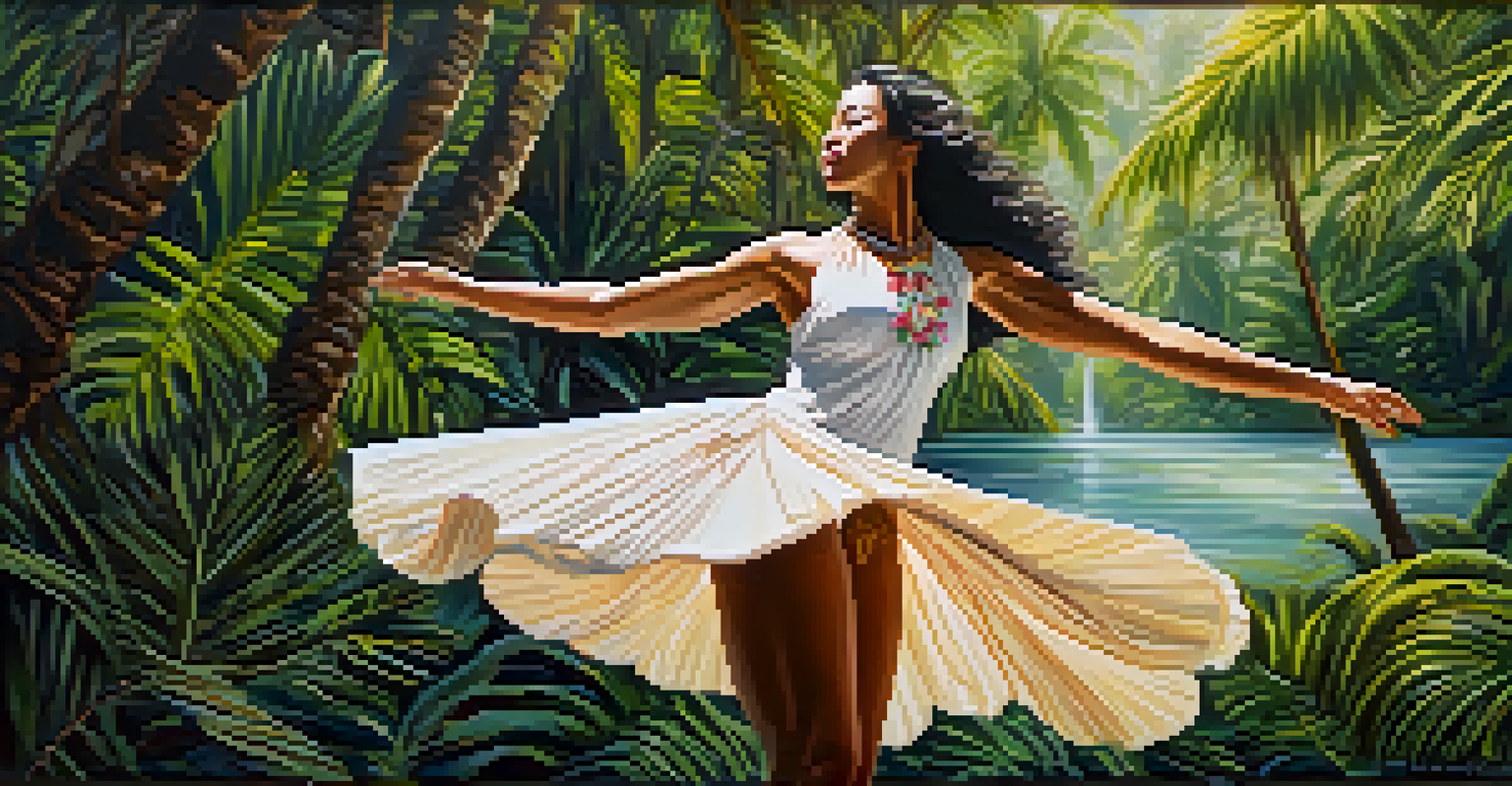 A Hula dancer performing in a Hawaiian landscape, surrounded by tropical flowers and palm trees, with sunlight filtering through the trees.