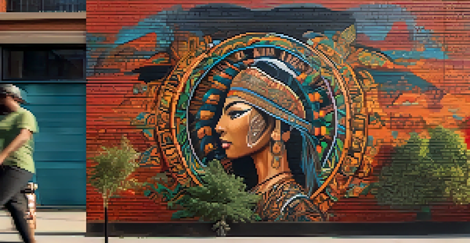 A colorful street art mural combining Indigenous designs with modern urban elements, surrounded by greenery and people admiring the artwork.