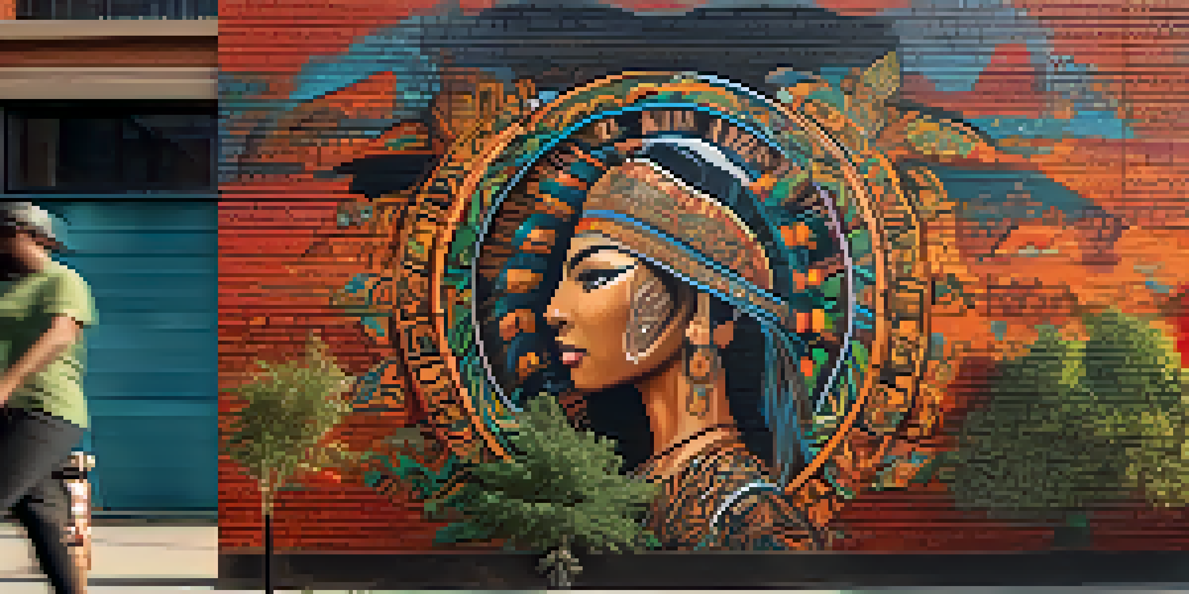 A colorful street art mural combining Indigenous designs with modern urban elements, surrounded by greenery and people admiring the artwork.