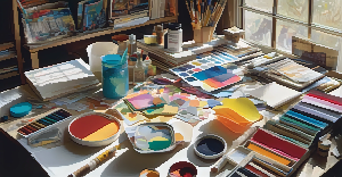An artist's workspace filled with colorful collage materials and various adhesives, illuminated by natural light.